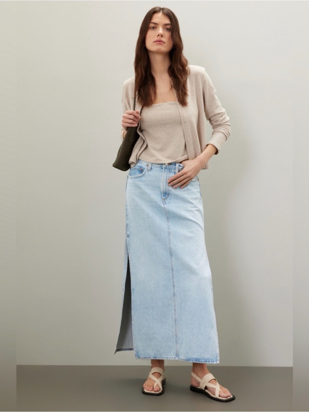 AGOLDE Astrid Light Wash Denim Maxi Skirt with Side Slit Light Blue